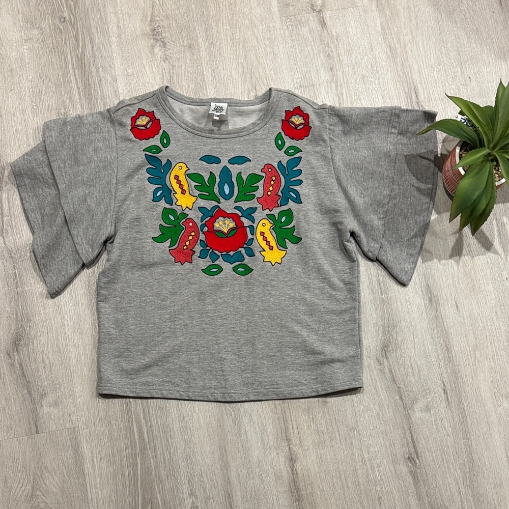 Ivy Jane Gray Blouse with Colorful Embroidery